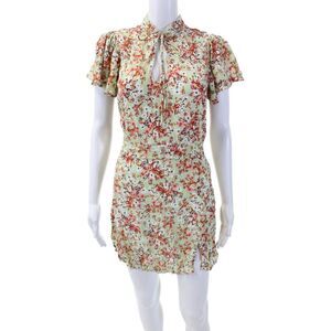 Rue Stiic Womens Floral Print V-Neck Short Sleeve Mini Dress Green Size M